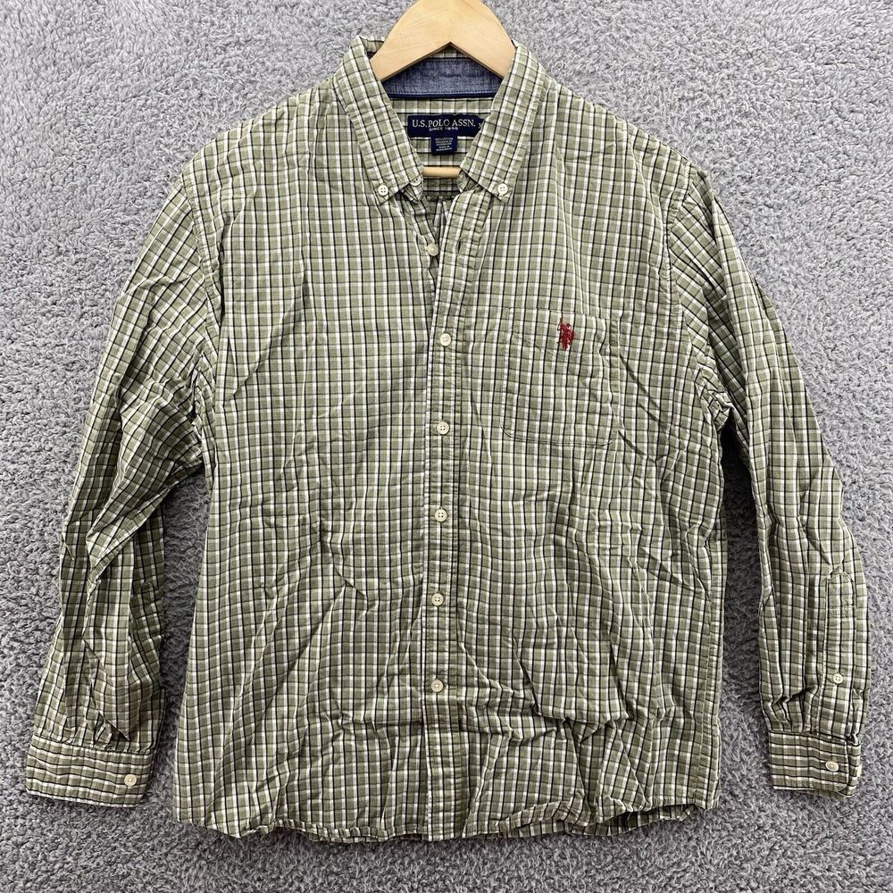 US Polo Assn Mens XL Green Plaid Flannel‎ Long Sleeve Button Front Casual Shirt